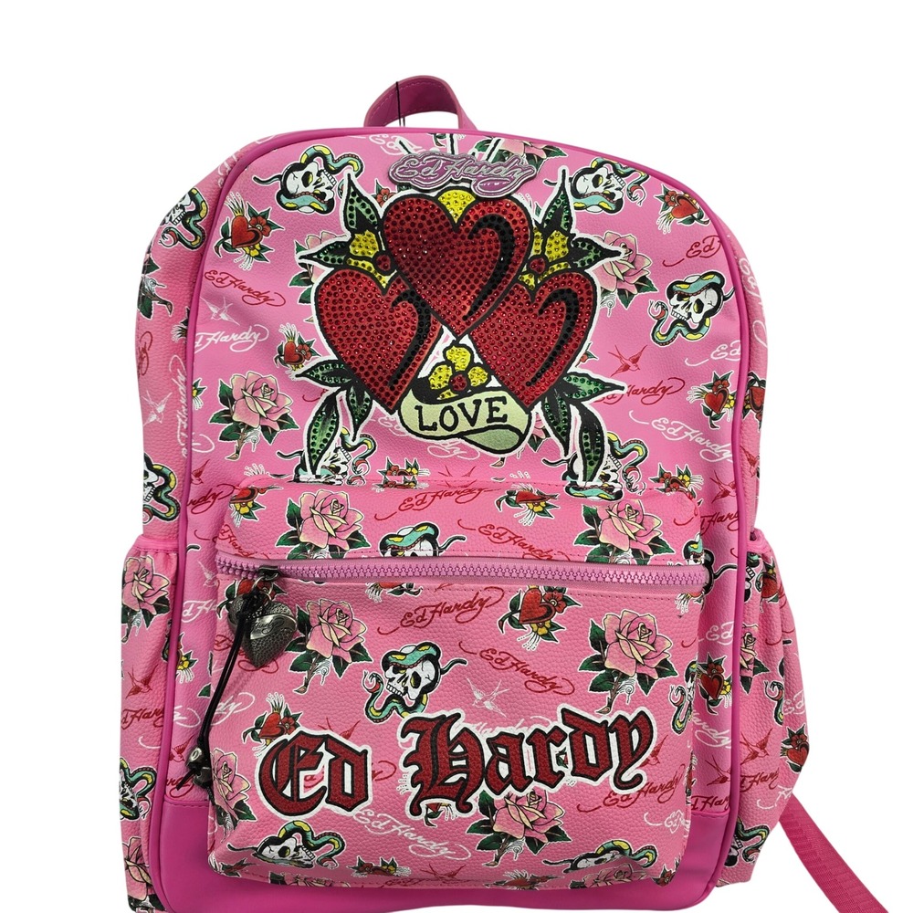 Ed Hardy Pink Multi Rhinestone Heart Tattoo Print Vegan Leather Backpack EHH436